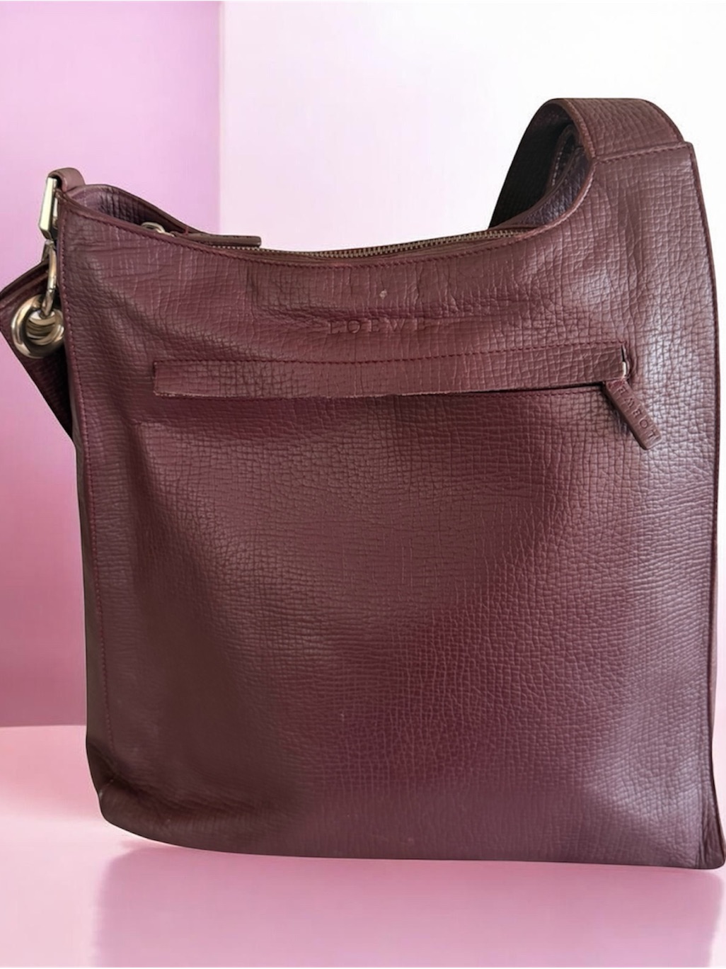 Authentic Loewe Vintage Grained Leather Shoulder Bag  Deep Burgundy Plum